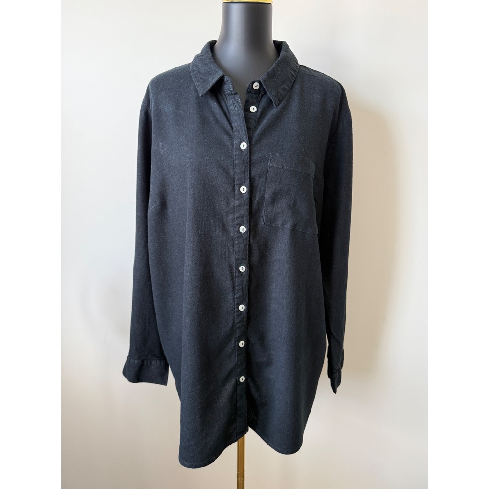 Naturals d&co. Womens XL Black Linen Blend Button Down Long Sleeve Blouse Top